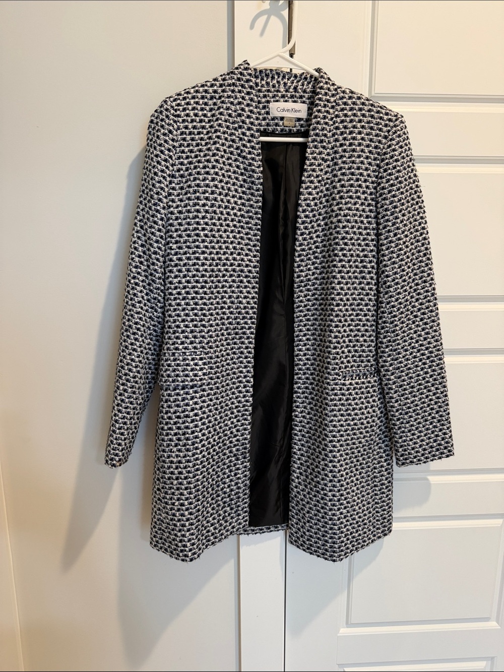 Calvin Klein Black and White Tweed Open-Front Blazer Coat